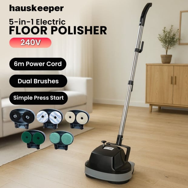 Hauskeeper GEN2 5 in 1 Electric 240V Floor Polisher w/ 6M Power Cable Timber Hard Waxer Buffer Cleaner Black