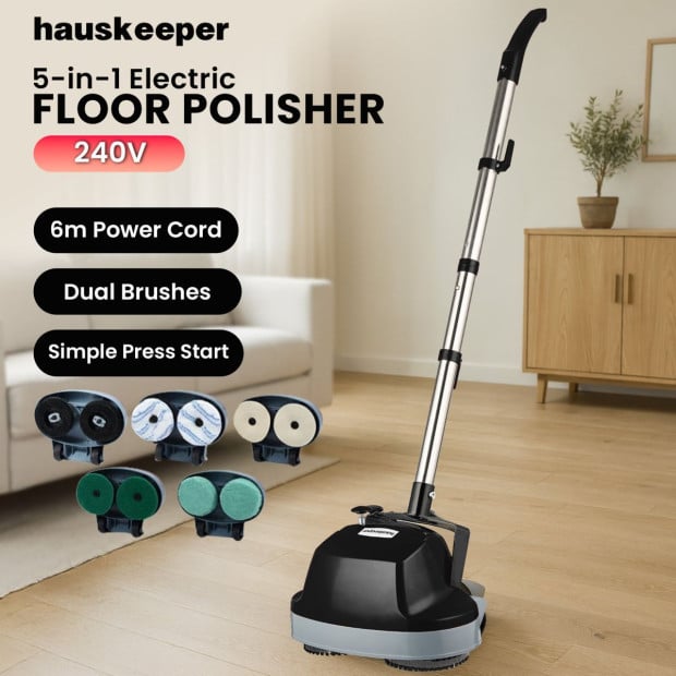 Hauskeeper GEN2 5 in 1 Electric 240V Floor Polisher w/ 6M Power Cable Timber Hard Waxer Buffer Cleaner Black