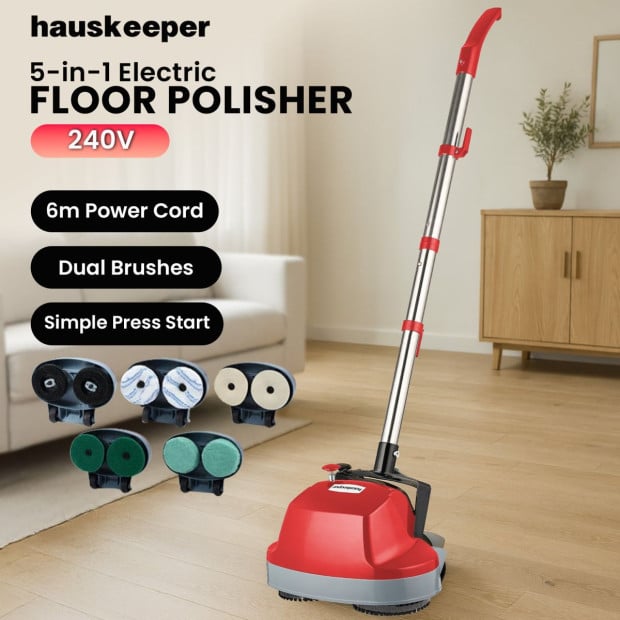 Hauskeeper 5 in 1 Electric 240V Floor Polisher w/ 6M Power Cable Timber Hard Waxer Buffer Cleaner Red