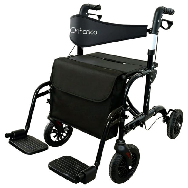 Orthonica Aluminium 2-in-1 Rollator Wheelchair with Foldable Frame – Black & Silver Image 2