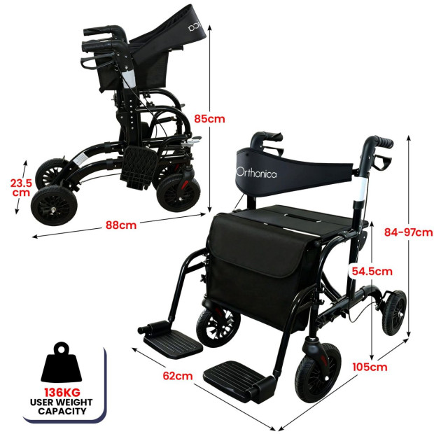 Orthonica Aluminium 2-in-1 Rollator Wheelchair with Foldable Frame – Black & Silver Image 3