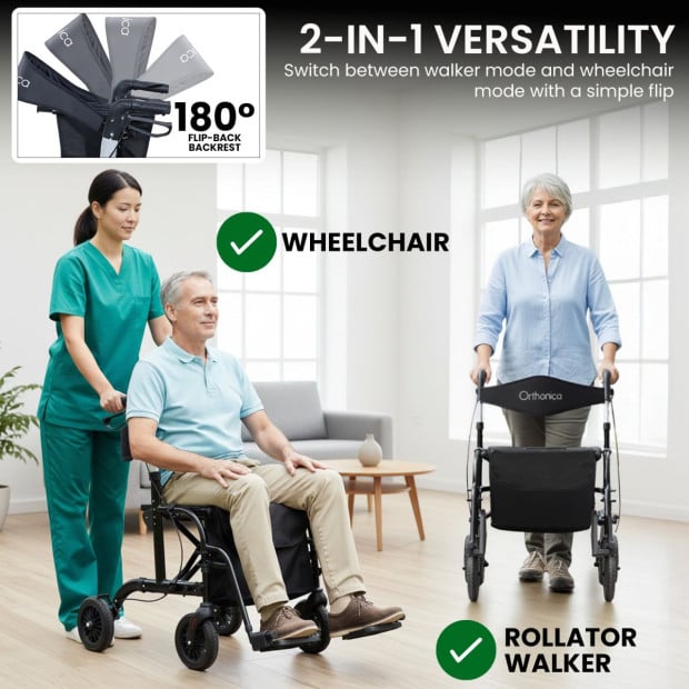 Orthonica Aluminium 2-in-1 Rollator Wheelchair with Foldable Frame – Black & Silver Image 7