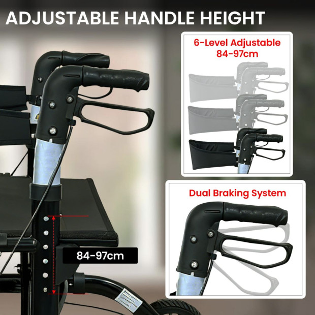 Orthonica Aluminium 2-in-1 Rollator Wheelchair with Foldable Frame – Black & Silver Image 8