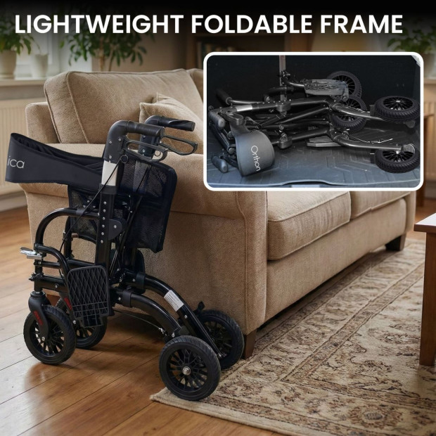 Orthonica Aluminium 2-in-1 Rollator Wheelchair with Foldable Frame – Black & Silver Image 9