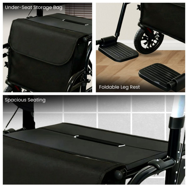 Orthonica Aluminium 2-in-1 Rollator Wheelchair with Foldable Frame – Black & Silver Image 11