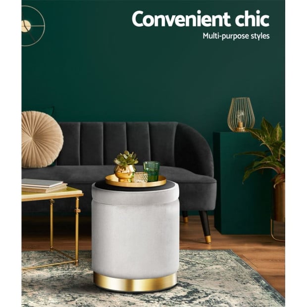 Round Velvet Storage Ottoman Foot Stool Pouffe Padded Seat Grey Image 7