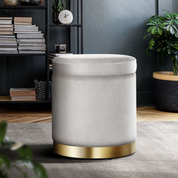 Round Velvet Storage Ottoman Foot Stool Pouffe Padded Seat Grey Image 8