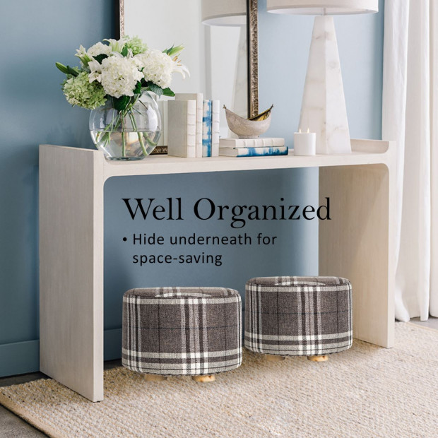 Round Foot Stool Ottoman Faux Linen - LATTICE Image 4