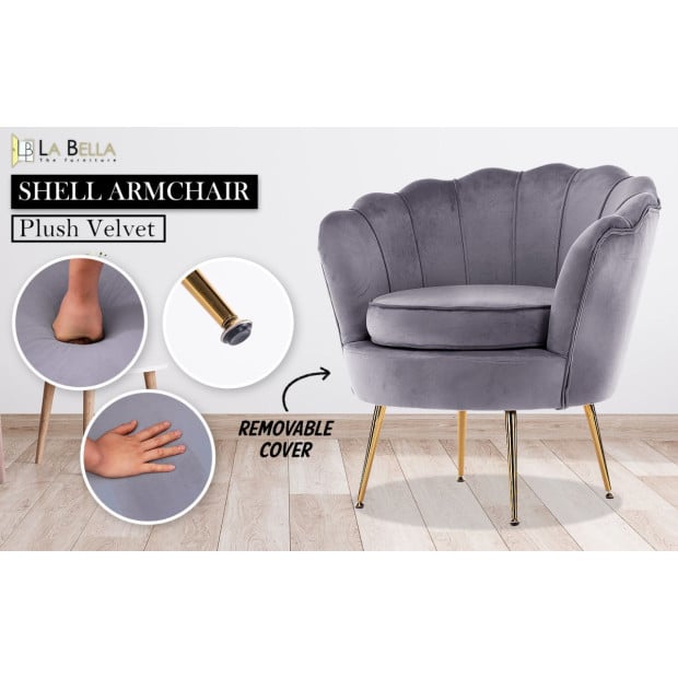 Armchair Velvet Shell Scallop - Grey Image 2