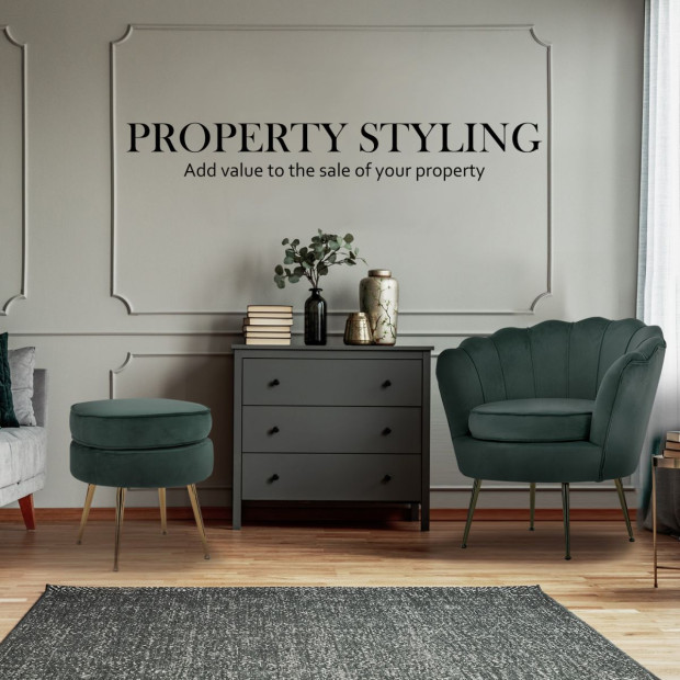Armchair Velvet Shell Scallop + Ottoman Foot Stool - Green Image 10