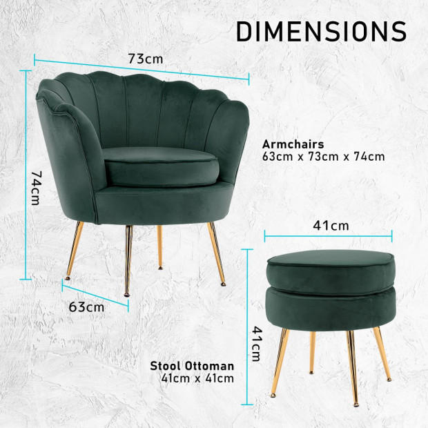 Armchair Velvet Shell Scallop + Ottoman Foot Stool - Green Image 12