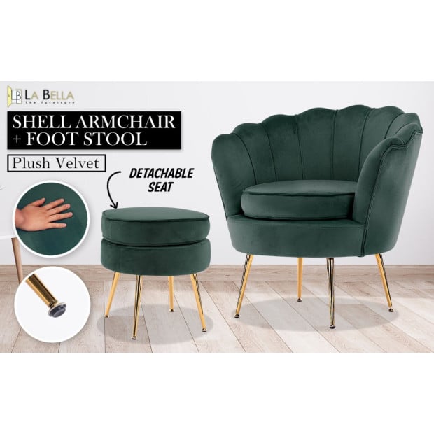 Armchair Velvet Shell Scallop + Ottoman Foot Stool - Green Image 2