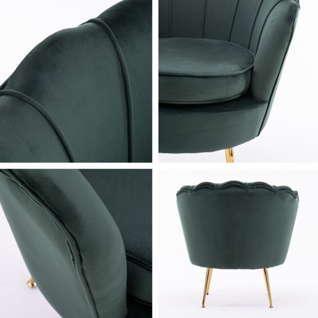 Armchair Velvet Shell Scallop + Ottoman Foot Stool - Green Image 3