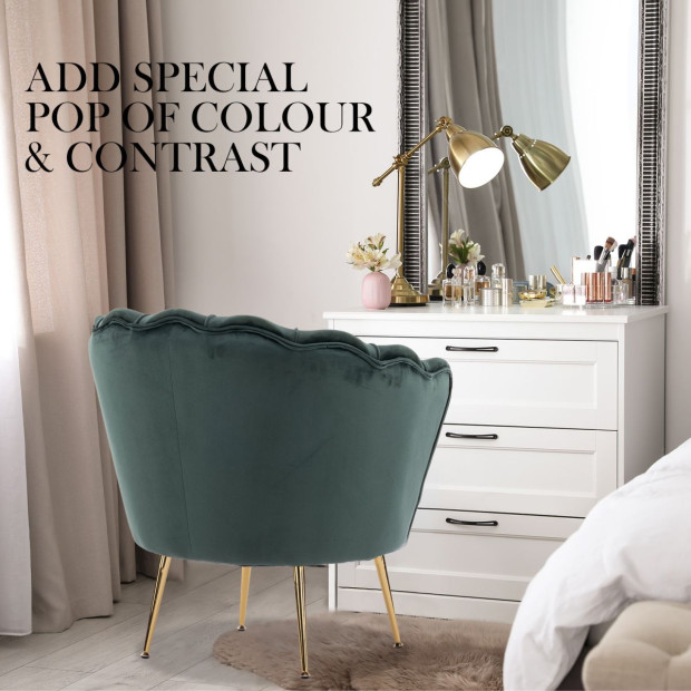 Armchair Velvet Shell Scallop + Ottoman Foot Stool - Green Image 5