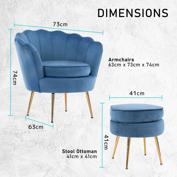 Armchair Velvet Shell Scallop Ottoman Foot Stool - Navy Blue Image 12