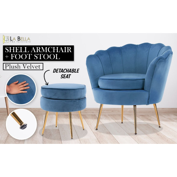 Armchair Velvet Shell Scallop Ottoman Foot Stool - Navy Blue Image 2