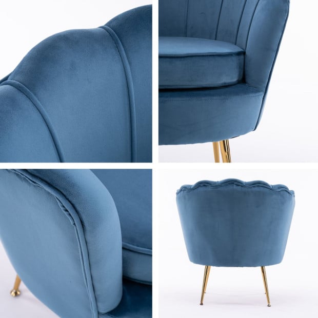 Armchair Velvet Shell Scallop Ottoman Foot Stool - Navy Blue Image 3