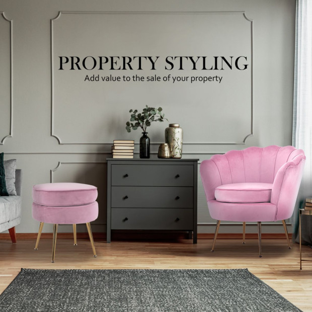 Armchair Velvet Shell Scallop + Ottoman Foot Stool - Pink Image 10