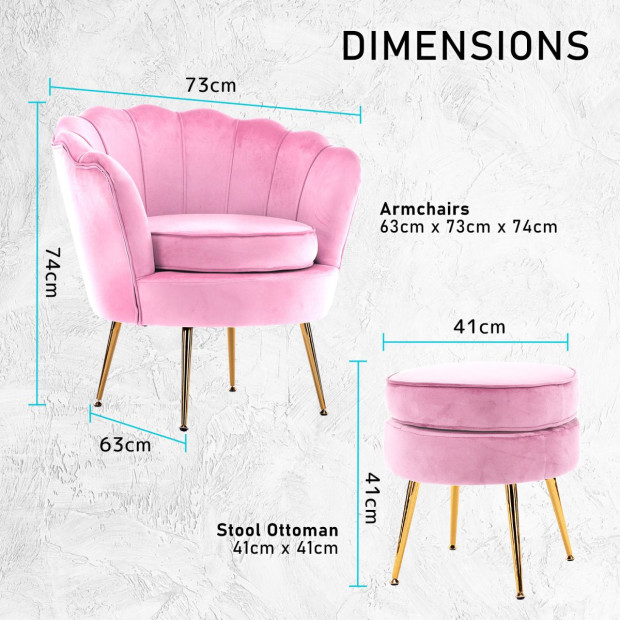 Armchair Velvet Shell Scallop + Ottoman Foot Stool - Pink Image 12