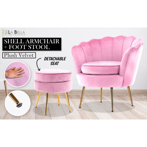 Armchair Velvet Shell Scallop + Ottoman Foot Stool - Pink Image 2