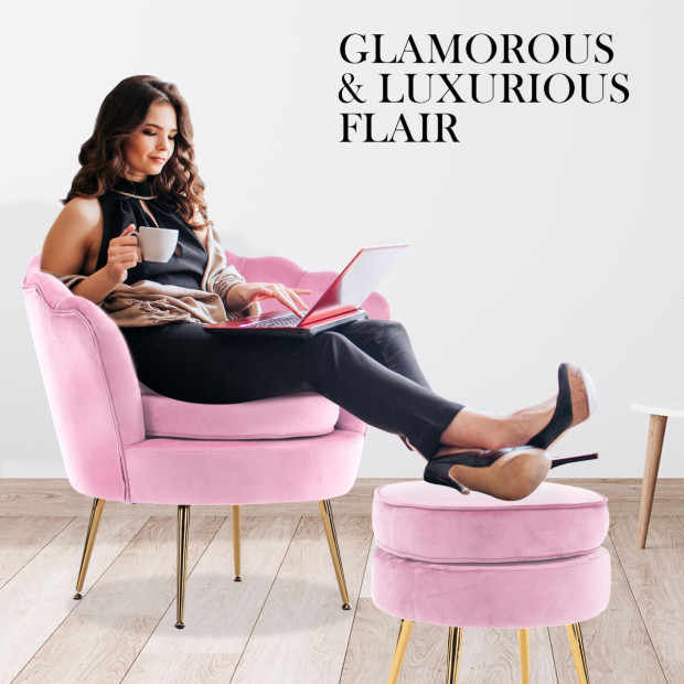 Armchair Velvet Shell Scallop + Ottoman Foot Stool - Pink Image 7