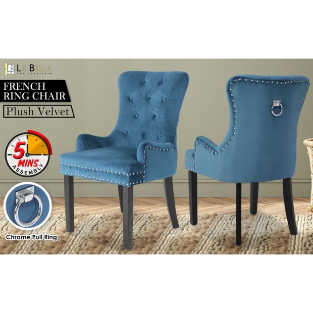 1x French Provincial Velvet With Ring Dining Chair - Navy Blue Image 2