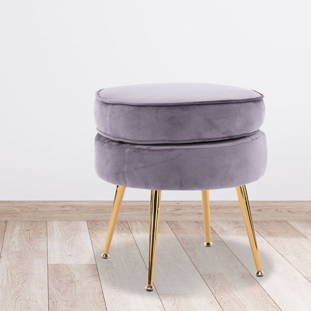 Foot Stool Ottoman Velvet Metal Leg Round - Grey Image 10
