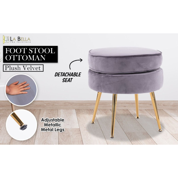 Foot Stool Ottoman Velvet Metal Leg Round - Grey Image 2