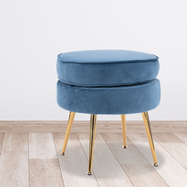 Foot Stool Ottoman Velvet Metal Leg Round - Navy Blue Image 10