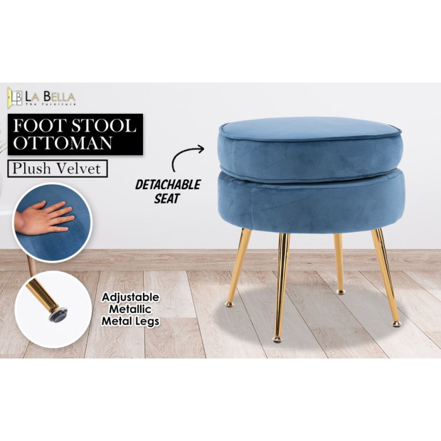 Foot Stool Ottoman Velvet Metal Leg Round - Navy Blue Image 2