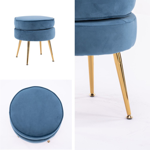 Foot Stool Ottoman Velvet Metal Leg Round - Navy Blue Image 3