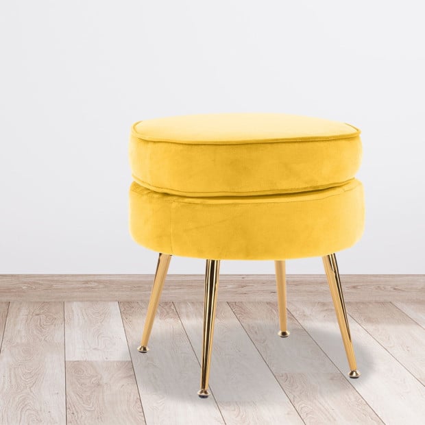 Foot Stool Ottoman Velvet Metal Leg Round - Yellow Image 10