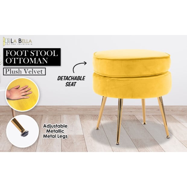 Foot Stool Ottoman Velvet Metal Leg Round - Yellow Image 2