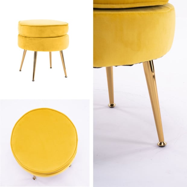 Foot Stool Ottoman Velvet Metal Leg Round - Yellow Image 3