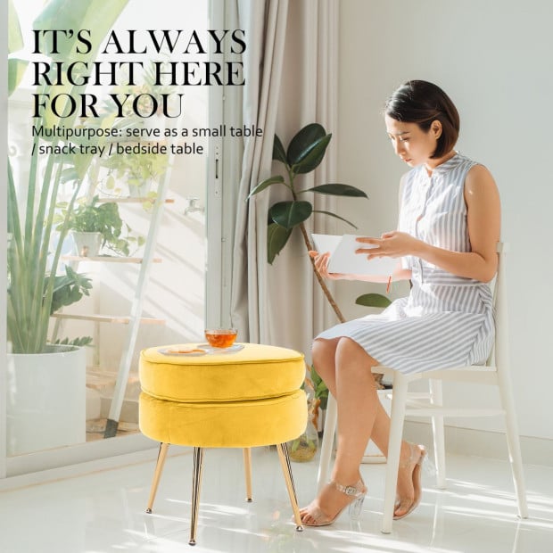 Foot Stool Ottoman Velvet Metal Leg Round - Yellow Image 5
