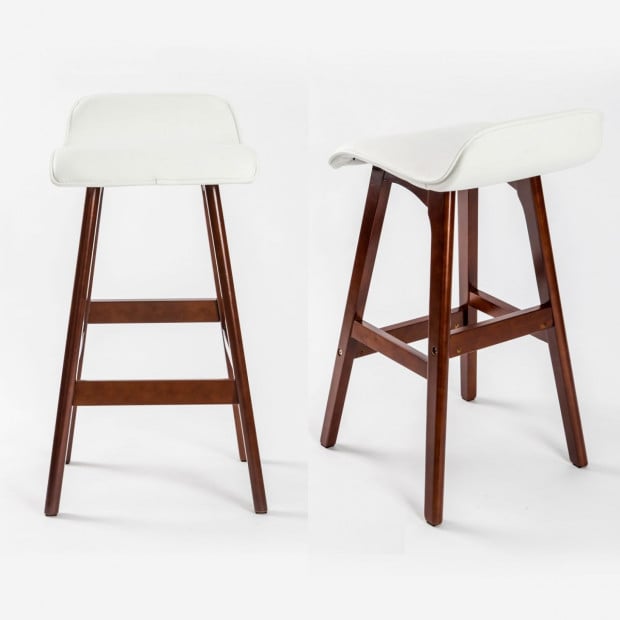 2x Oak Wood Bar Stool 65cm Leather SOPHIA - WHITE BROWN Image 2