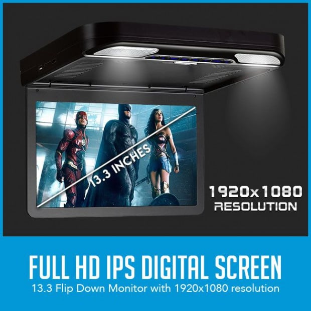 Elinz 13.3in Ips Roof Mount Car Dvd Player Flip Down Monitor Black Image 2