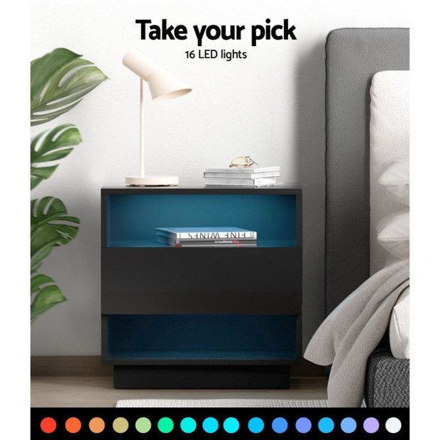 Bedside Tables Side Table LED Drawers Nightstand High Gloss Black Image 5