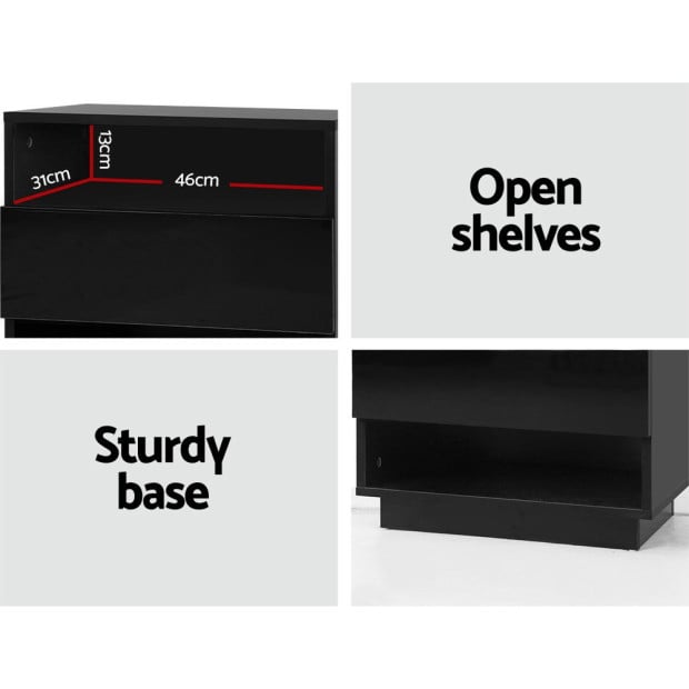 Bedside Tables Side Table LED Drawers Nightstand High Gloss Black Image 6
