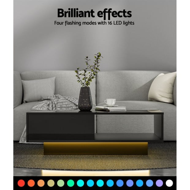 Coffee Table L.E.D Lights Gloss Storage Drawer Modern Furniture Black Image 5