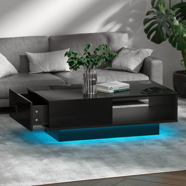 Coffee Table L.E.D Lights Gloss Storage Drawer Modern Furniture Black Image 8