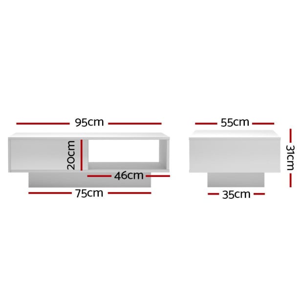 Coffee Table L.E.D Lights Gloss Storage Drawer Modern Furniture White Image 2