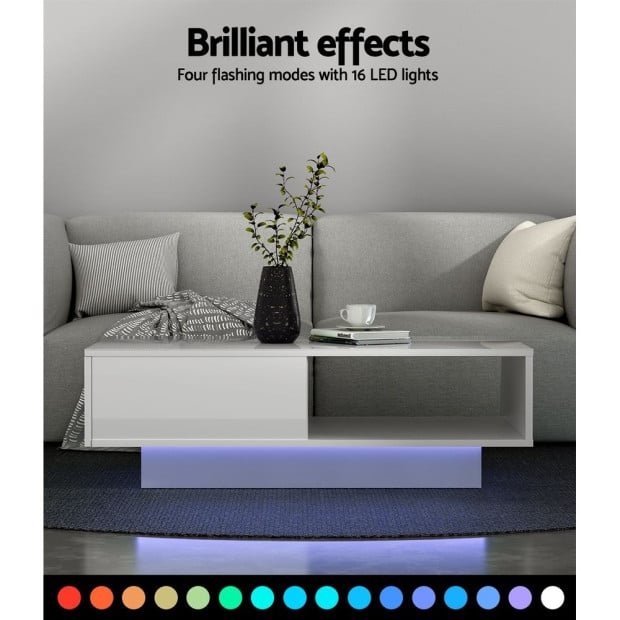 Coffee Table L.E.D Lights Gloss Storage Drawer Modern Furniture White Image 5