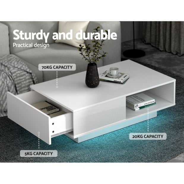 Coffee Table L.E.D Lights Gloss Storage Drawer Modern Furniture White Image 7