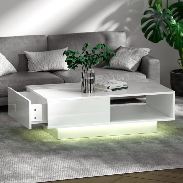 Coffee Table L.E.D Lights Gloss Storage Drawer Modern Furniture White Image 8