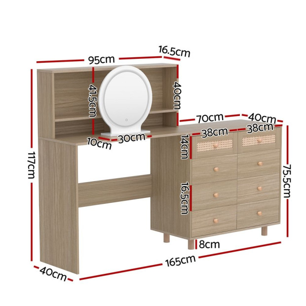 Dressing Table Set Stool LED Mirror Drawer Cabinet Pine Image 4