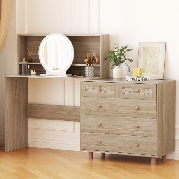 Dressing Table Set Stool LED Mirror Drawer Cabinet Pine Image 2