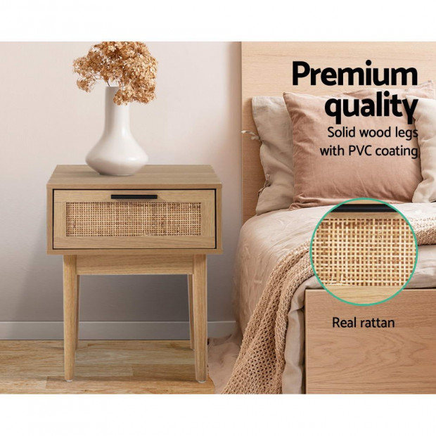 Bedside Tables Table 1 Drawer Storage Cabinet Rattan Wood Nightstand Image 6