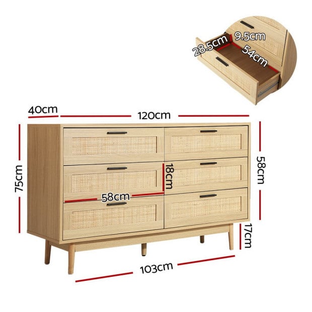 6 Chest of Drawers Rattan Tallboy Cabinet Bedroom Clothes Storage Wood Image 2