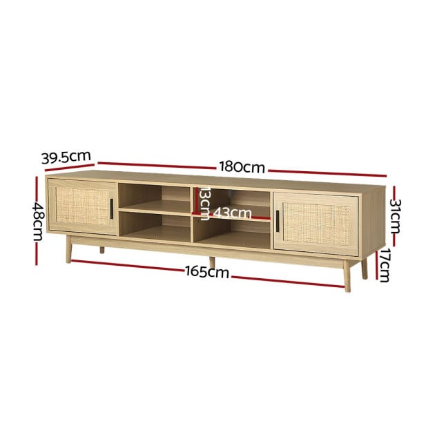 TV Cabinet Entertainment Unit Storage Cabinets Rattan Wooden 180CM Image 2